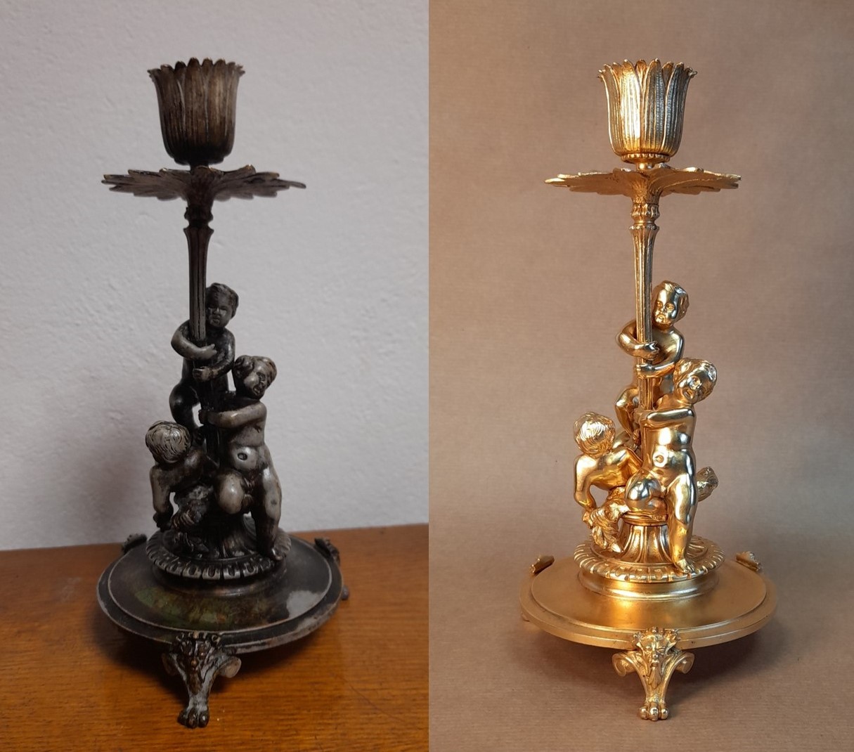 Bougeoir en bronze, avant et après restauration - Collection particulière